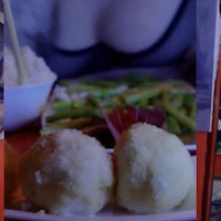 two pictures of a woman with food on a plate