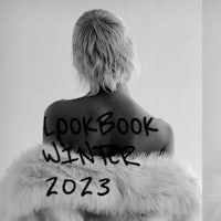 a black and white photo of a woman in a fur coat with the words lookbook winter 2023